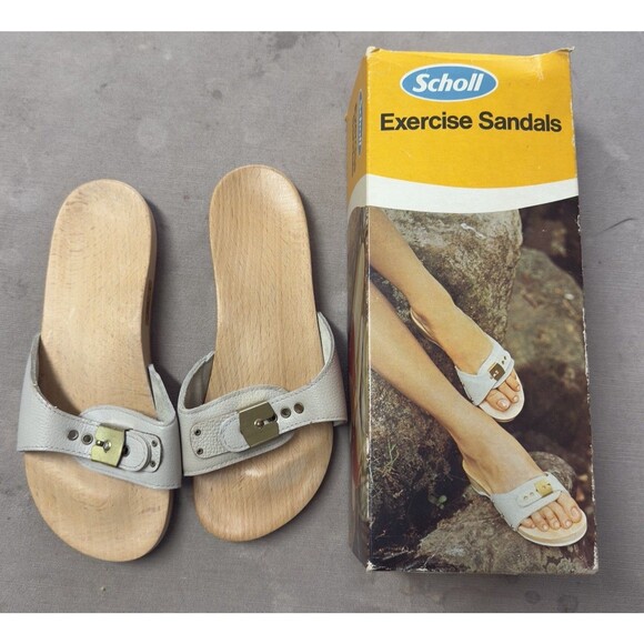 Vtg 80s Dr Scholls Original Wooden Exercise Sandals Austria Made Women 6 New Box - Picture 1 of 10